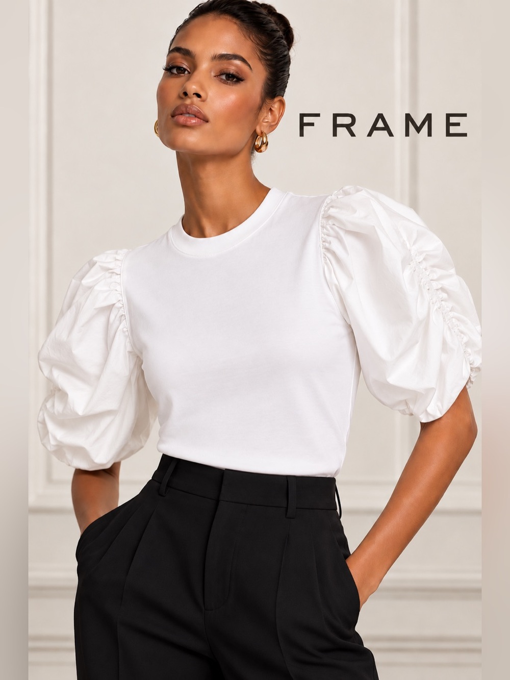 FRAME Frankie Puff Poplin Sleeve Tee White Organic Cotton Ruched Mixed Media S